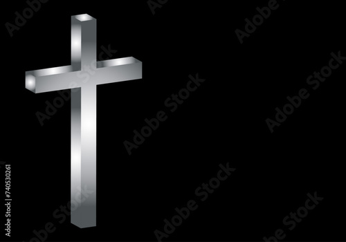 Cruz latina  gris metálico en 3D sobre fondo negro