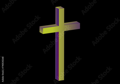Cruz latina  morada verde pistacho en 3D sobre fondo negro