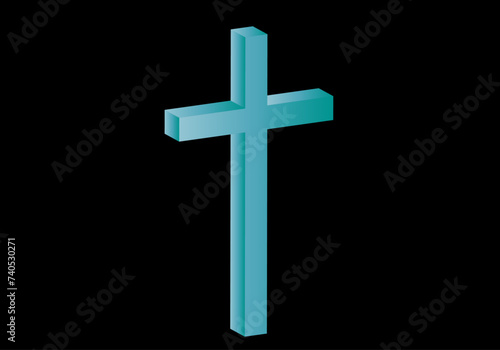 Cruz latina  azul turquesa en 3D sobre fondo negro