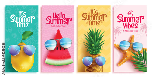 Summer time text vector poster set. It's summer time greeting with tropical fruits lemon, watermelon, pineapple and beach elements for holiday season flyers collection. Vector illustration summer time