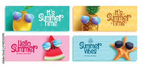 Summer time text vector banner set. It's summer time greeting with lemon, pineapple, watermelon and starfish tropical elements wearing sunglasses for seasonal banner collection. Vector illustration 