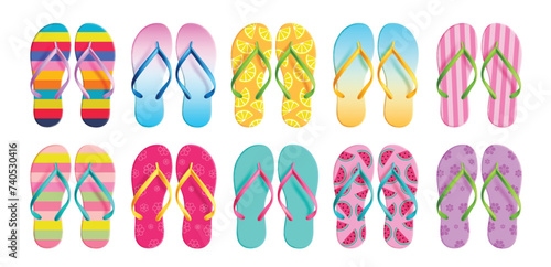 Summer flipflop elements vector set design. Summer thong, slippers, sandal and flip flops with colorful, floral and stripe design for travel fashion foot ware collection. Vector illustration summer 