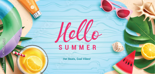 Hello summer greeting text vector template. Summer hello greeting in pattern space with drinks juice, floaters, sunglasses and shell beach elements for tropical season background. Vector illustration 