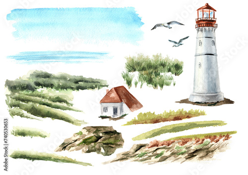 Seascape with rocks and an old lighthouse set, Hand drawn watercolor illustration, isolated on white background