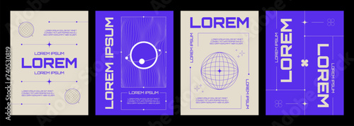 Poster design in y2k style - vector collection of banner in 90s and 00s aesthetic with abstract simple geometric wireframe shapes and patterns. Purple cover with grid elements and typography.