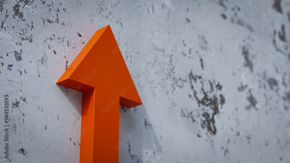 Fototapeta premium Red arrow concept rising upward against old wall background. 3d rendering
