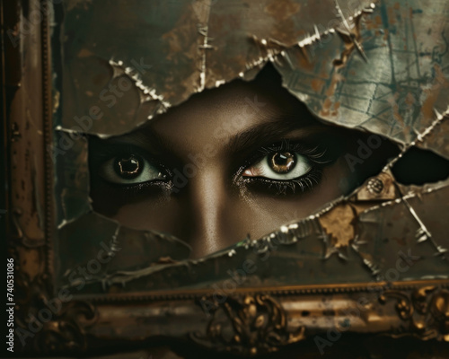 Dark mysterious eyes gaze from a cracked mirror holding secrets in their reflection photo