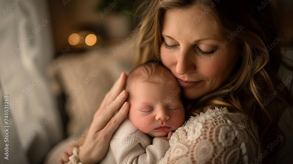 Close-up portrait of a mother cradling her newborn Close-up portrait of a mother cradling her newborn