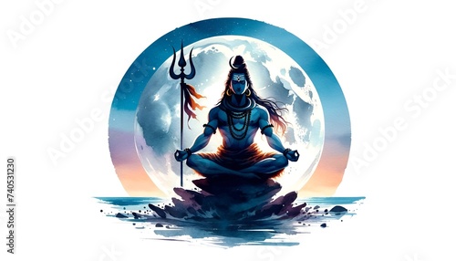 Watercolor illustration with a silhouette of lord shiva with a trident seated in a meditative pose against a full moon.