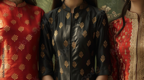 A chic midi dress featuring a blend of rich Indian silk fabrics with modern structured tailoring. Wear this to a fancy dinner party with an Eastern flavor.