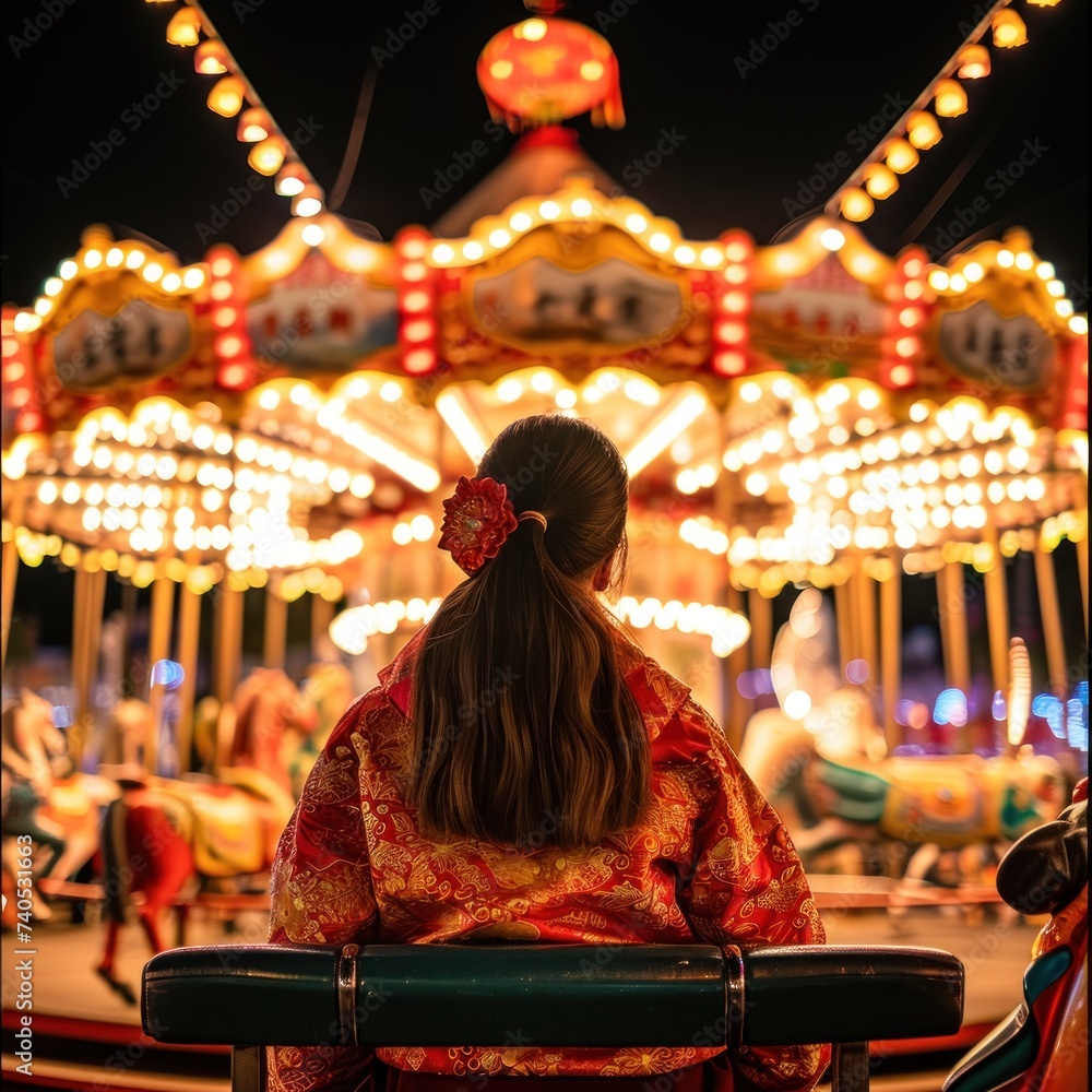 Someone wearing Chinese style clothes with sparkling fireworks when night falls has fun on the merry-go-round and celebrates the New Year festival. Great for business, celebrations etc. generative ai Someone wearing Chinese style clothes with sparkling fireworks when night falls has fun on the merry-go-round and celebrates the New Year festival. Great for business, celebrations etc. generative ai