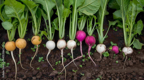 A of vibrant multicolored radishes peeking out of the ground their small round bodies punctuated with delicate white roots.