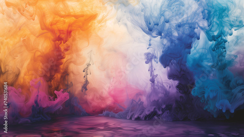 Gossamer ink smoke veils in pastel over a lush, wet paper terrain. photo