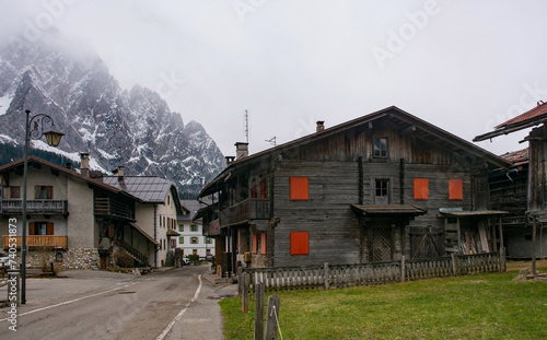 Traditional wooden houses in the historic mountain village of Cima Sappada in Carnia in Udine Province, Friuli-Venezia Giulia, north east Italy