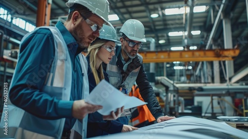 An engineering team, wearing hard hats and safety glasses, is deeply engaged in discussing project plans on the factory floor.