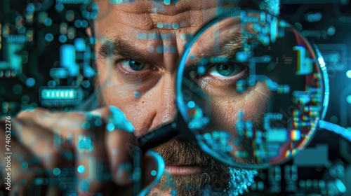 A detailed close-up of a technician using a magnifying glass to inspect a complex circuit board, highlighting the intricate work of electronics diagnostics.