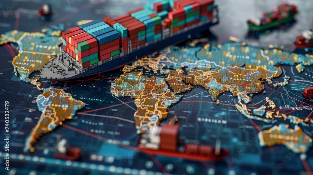 A detailed global map highlighting international trade routes with a miniature cargo ship, symbolizing the complexity of worldwide logistics and shipping networks.