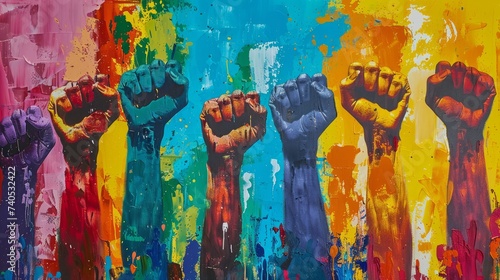 Artistic display of clenched fists in an array of colors on canvas, representing the power of unity and solidarity in the face of adversity.