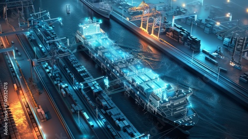 A nighttime scene at a futuristic port terminal showing illuminated smart cargo ships integrated with advanced digital logistics technology.
