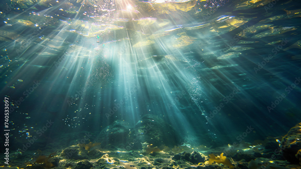 Sun rays under water landscape seascape fresh water. - obrazy, fototapety, plakaty 