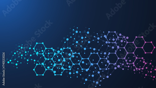 Modern science background with lines, dots and hexagons. Wave flow abstract background. Molecular structure for medical, technology, chemistry, science. illustration