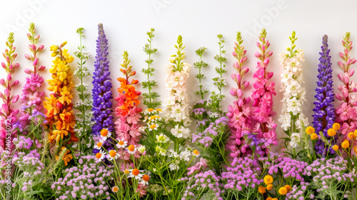 free space for title banner with a border of various flowers arranged in a row  in the style of nature-inspired imagery  detailed botanical illustrations  i can t believe how beautiful this is  white 