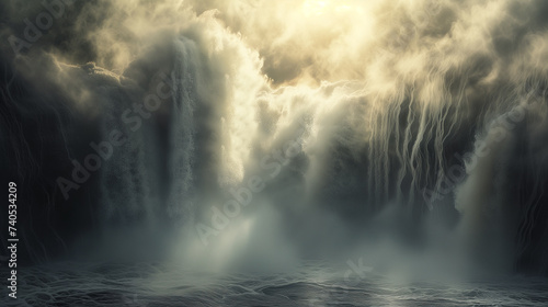 Liquid mercury cascading down a smoky, high-definition waterfall