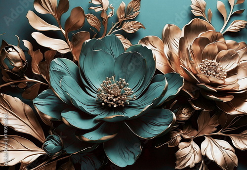 Beautiful flowers in metall style turquose gold paint illustration. Aesthetics floral Art poster. Floral card. photo