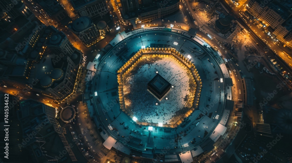 Fototapeta premium breathtaking aerial view of a grand kaaba structure illuminated
