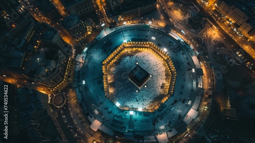 breathtaking aerial view of a grand kaaba structure illuminated