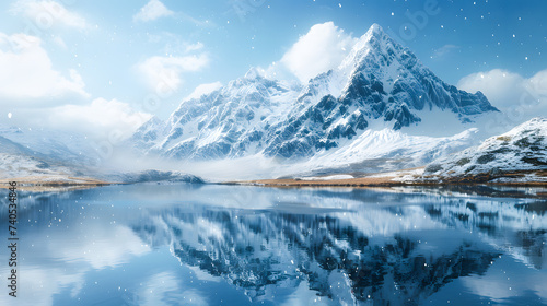Snow Covered Mountain Reflecting in a Serene Lake © Akash Tholiya