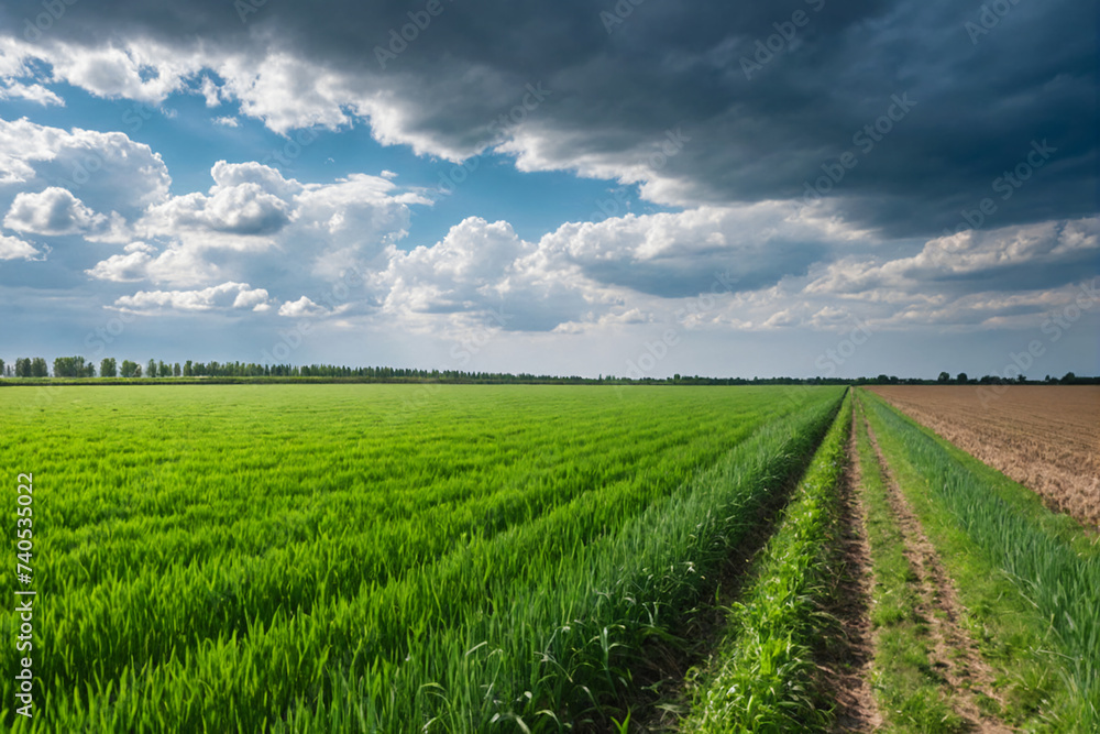 Endless green fields under cloudy blue sky. Natural landscape