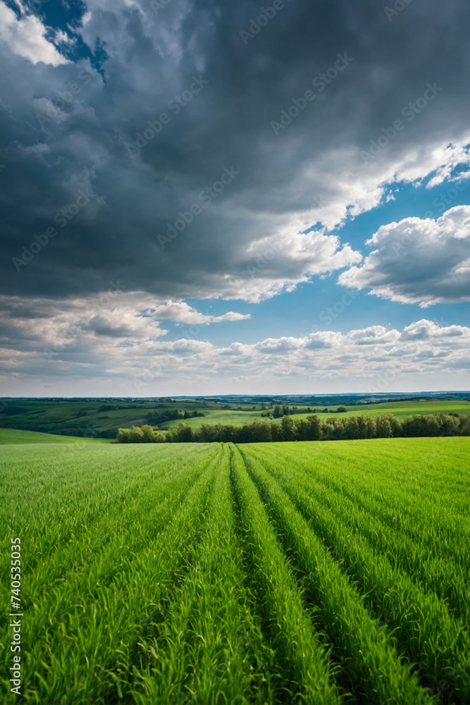 Endless green fields under cloudy blue sky. Natural landscape