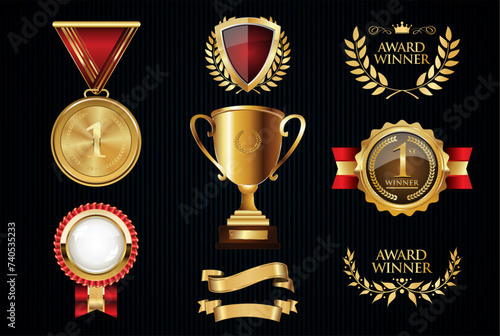 Collection of Awards icon medal laurel wreath trophy and ribbon vector illustration 