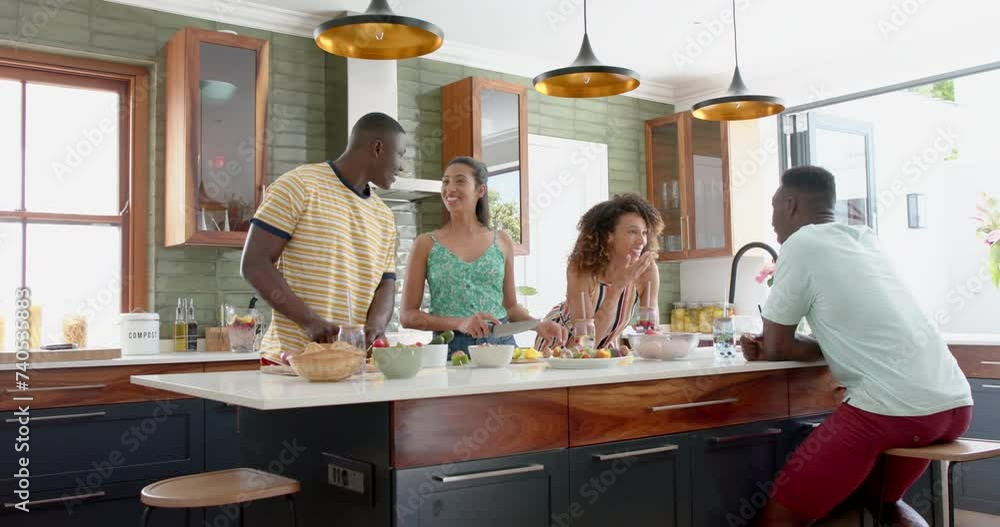 Diverse group enjoys a conversation in a modern home kitchen Diverse group enjoys a conversation in a modern home kitchen