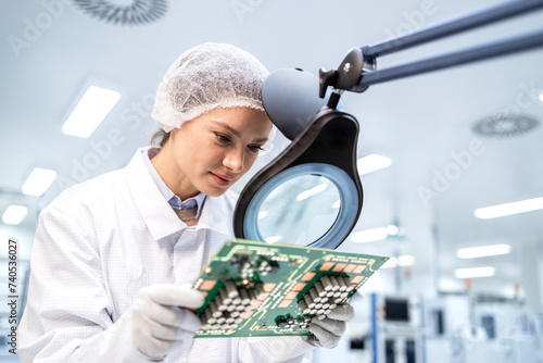Fotografi Experienced female technologist working in micro chip production industry and checking quality of electronics parts