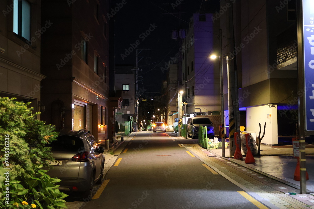 Fototapeta premium Quiet Urban Night Street with Soft Lighting