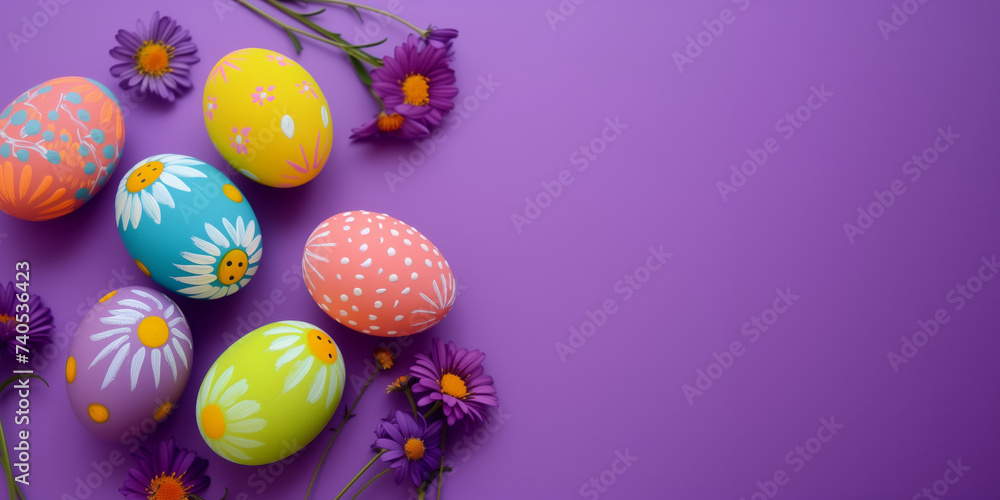 A festive display of colorful Easter eggs with floral designs alongside fresh purple daisies on a vibrant purple background.