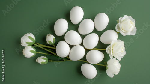 Stylish Easter arrangement with white eggs and artificial tulips on a dark green background  signifying elegance and spring.