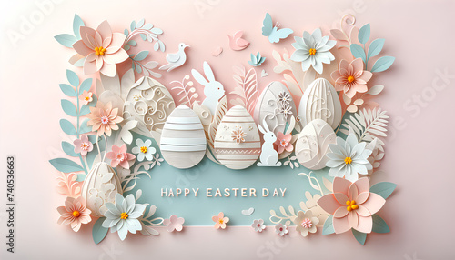 Easter background with soft pastel colors eggs, rabbits, floral, and text Happy Easter Day in paper cut art style. Digital greeting card and invitation for Easter Day celebrations and spring season. photo