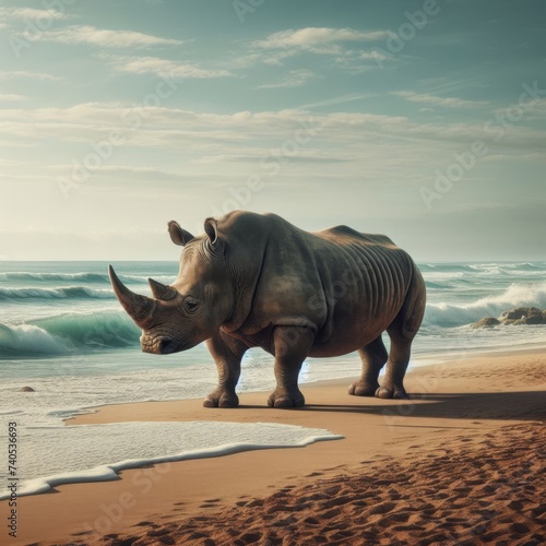Surreal view of a rhinoceros standing on an empty beach 