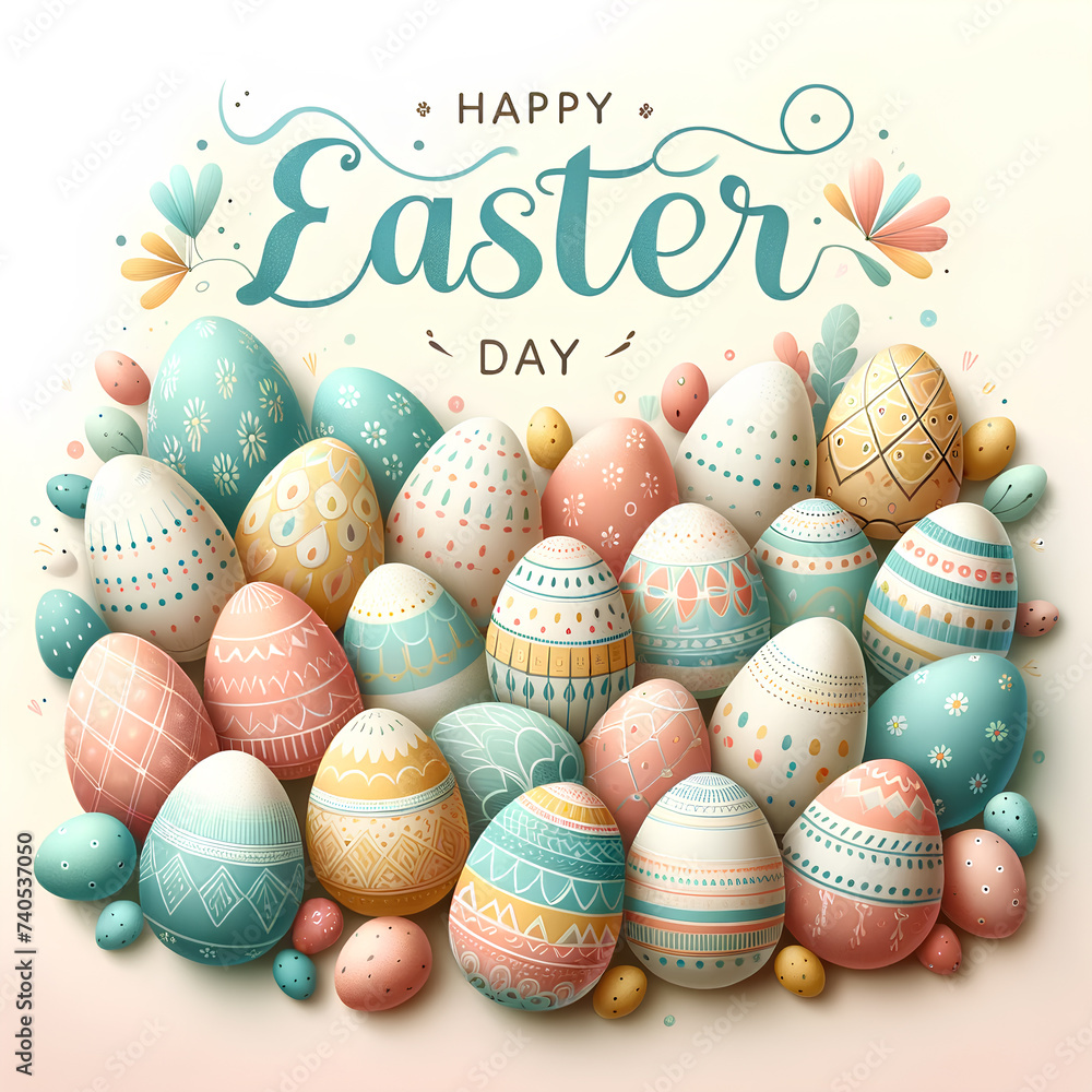 Easter card with colorful easter eggs and text Happy Easter Day. Digital greeting card and invitation for Easter Day celebrations and spring season. Easter card with colorful easter eggs and text Happy Easter Day. Digital greeting card and invitation for Easter Day celebrations and spring season.