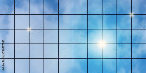 Mirror facade of a high-rise building with panoramic glazing and reflection of the cloudy sky and sun glare. Pattern for background on urban or business theme. Vector illustration with gradient mesh