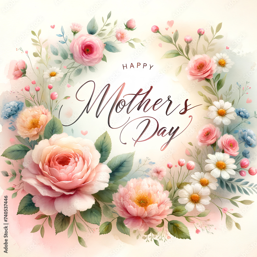 Mother's Day Floral Greeting Design. A Watercolor floral arrangement with 'Happy Mother's Day' handwriting, symbolizing love and appreciation for mothers.