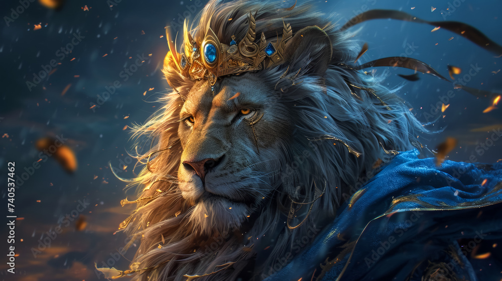 Majestic lion with a regal crown of feathers, draped in a silk cape, adorned with sapphire jewelry, against a midnight blue background, lit with golden hues, exuding confidence and power