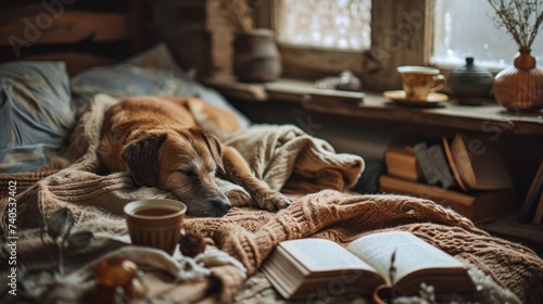 cozy winter home with dog sleeping on bed on warm blanket, pet, cute, domestic, puppy, adorable, home, brown, canine, white, happy, bed, young, small, sofa, terrier, relaxation