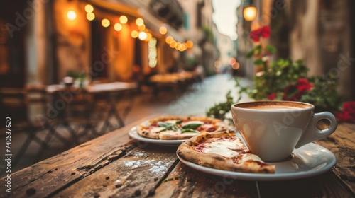 Vacations and recreation day  Cup of espresso coffee with slices of pizza with beautiful Italian street  relax  cafe  breakfast  morning  white  beverage  hot  caffeine