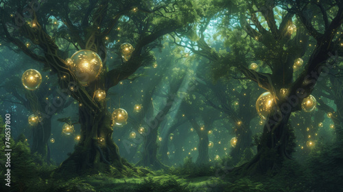 A forest of towering trees their branches adorned with glowing orbs that seem to sing and ring with each gust of wind creating a mystical and otherworldly atmosphere.