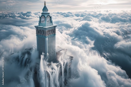 clock tower, illuminated at night, rises above the clouds. The clock face is visible photo