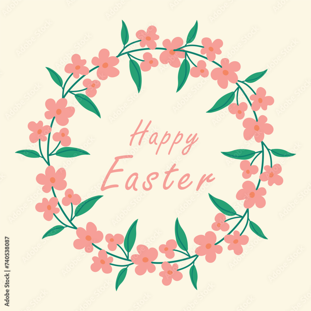 Easter wreath with delicate pink flowers, hand drawn . Decorative frame of spring flowers, inscription Happy Easter. Easter wreath with delicate pink flowers, hand drawn . Decorative frame of spring flowers, inscription Happy Easter.